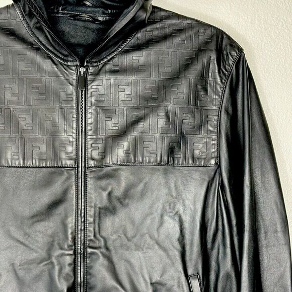 Fendi Black Soft Leather Fendi Embossed Monogram Front Long Sleeve Hooded Jacket - Picture 3 of 16